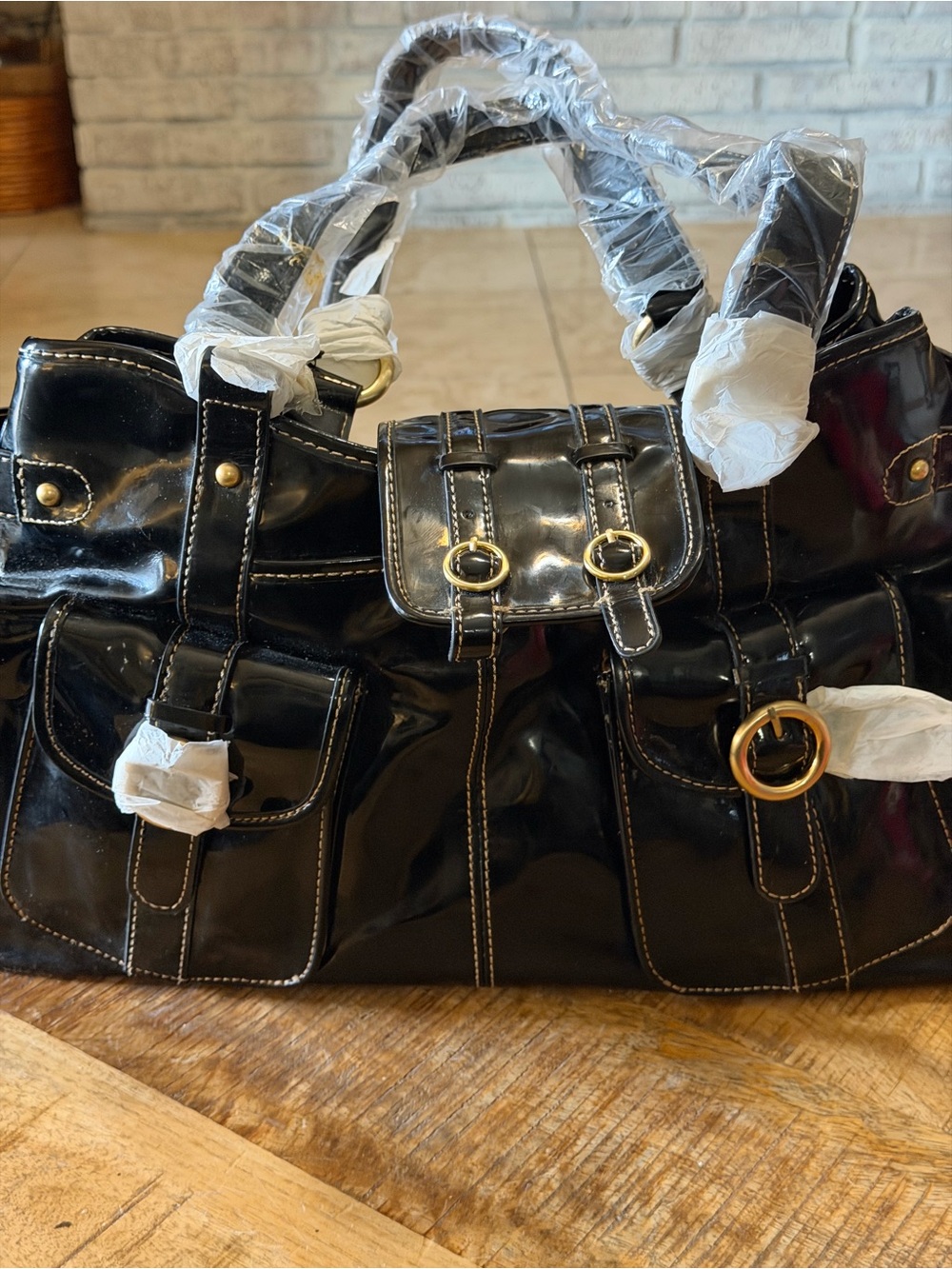 MAXX New York Signature Black Patent-Look Satchel Handbag NWT Dust Cover Large